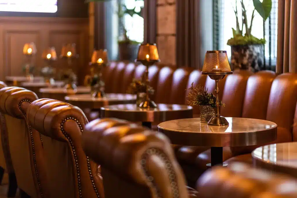 Tables and seating at the Hide Bar in Scotsman Hotel